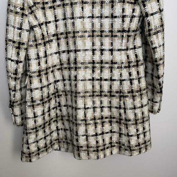 Zara Women Taupe Brown Lapel Collar Longline Textured Plaid Blazer Medium - Picture 7 of 16
